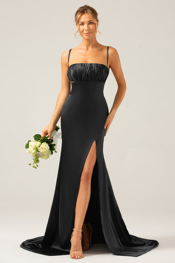Black Mermaid Spaghetti Straps Satin Pleated Ball Dress